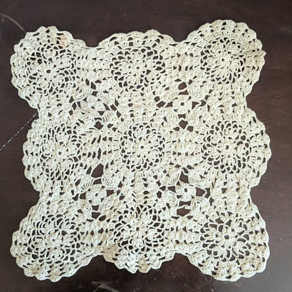Handmade Doily Hand Crochet Flowers Beige Cotton Thread Vintage 10" Square